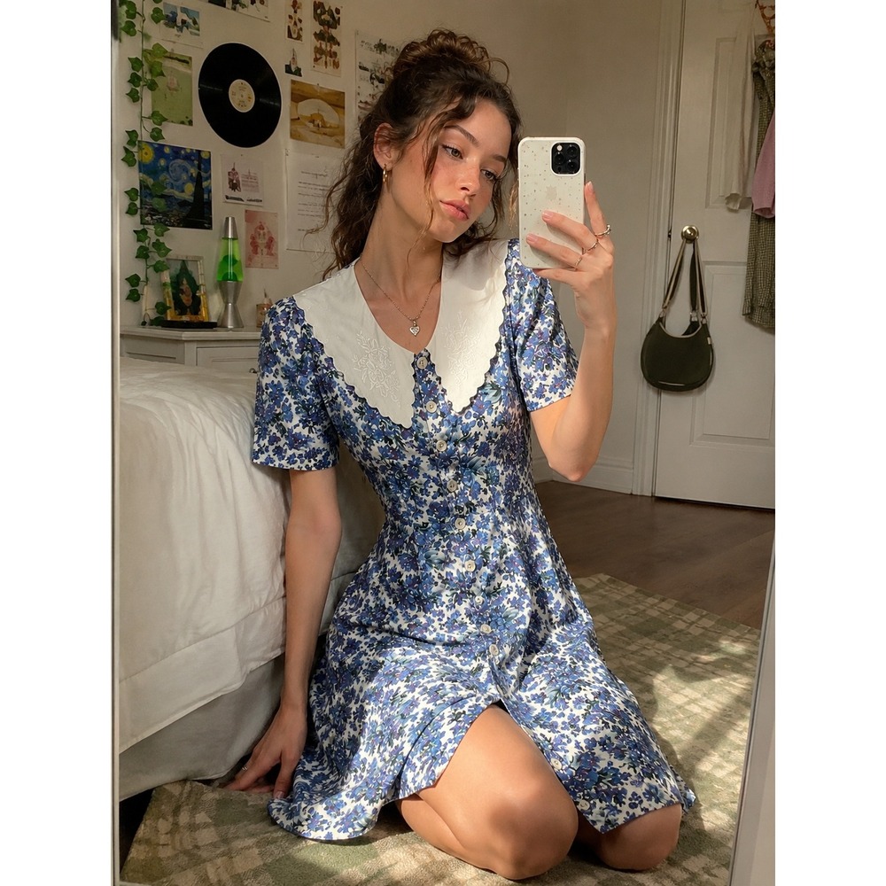 JONATHAN MARTIN Floral Dress Embroidered Collar Womens 7/8 Blue Purple Vintage